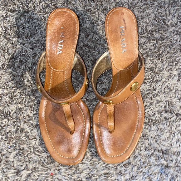 Prada Sandals Light Brown Studded Gladiator Thong Sandal/Kitten Mules - Picture 2 of 10